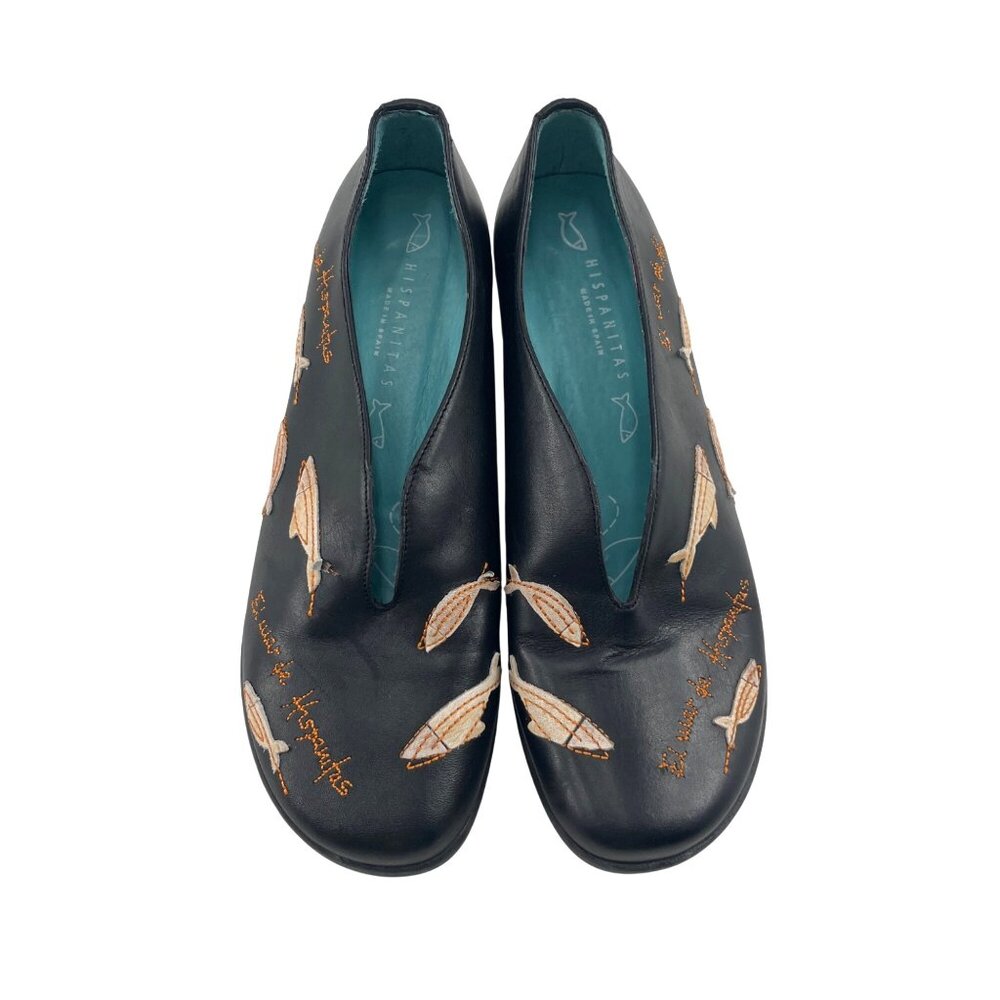 Hispanitas Black Leather Fish Embroidered Flats Size 35 Made In Spain